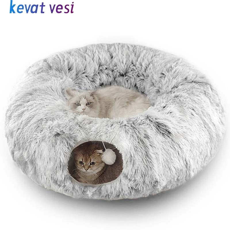 Lit pour chat en peluche chaud avec tunnel pour chats d'intérieur, pliable, en forme de donut, grotte de jeu et de couchage, nid antidérapant pour chaton, fournitures pour animaux de compagnie