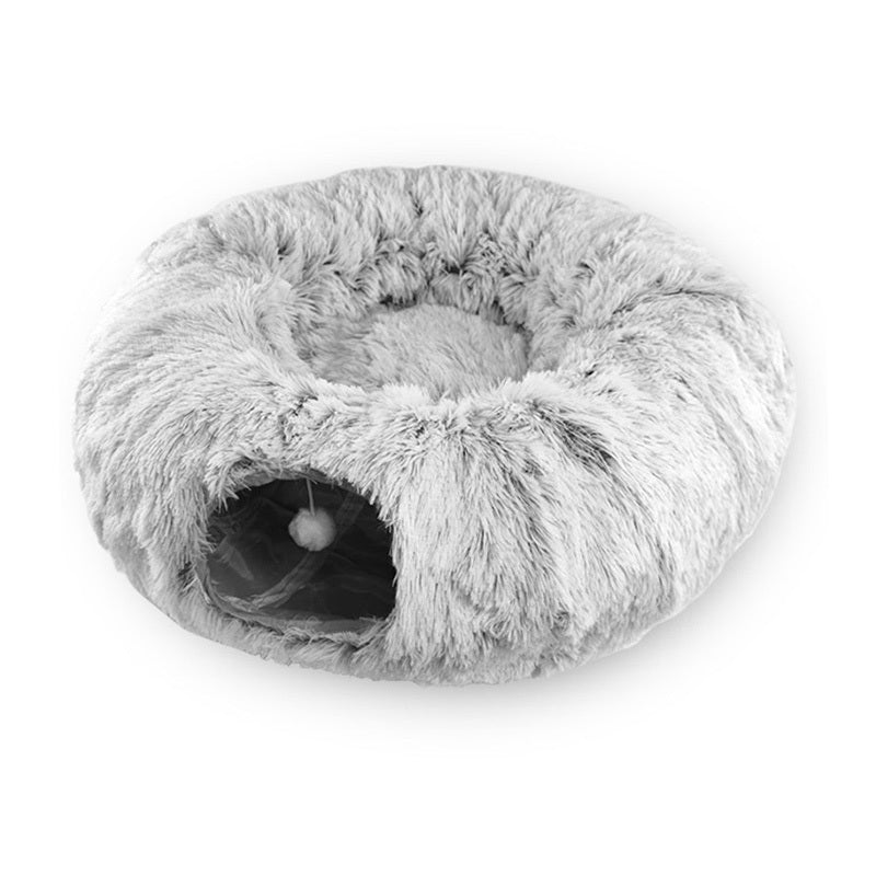 Lit pour chat en peluche chaud avec tunnel pour chats d'intérieur, pliable, en forme de donut, grotte de jeu et de couchage, nid antidérapant pour chaton, fournitures pour animaux de compagnie