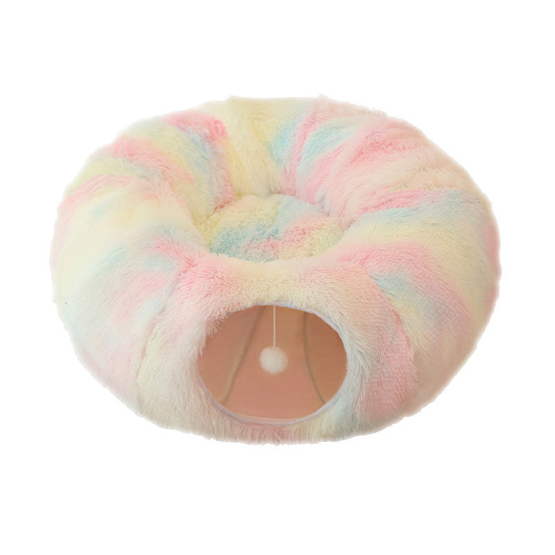 Lit pour chat en peluche chaud avec tunnel pour chats d'intérieur, pliable, en forme de donut, grotte de jeu et de couchage, nid antidérapant pour chaton, fournitures pour animaux de compagnie