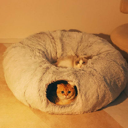 Lit pour chat en peluche chaud avec tunnel pour chats d'intérieur, pliable, en forme de donut, grotte de jeu et de couchage, nid antidérapant pour chaton, fournitures pour animaux de compagnie