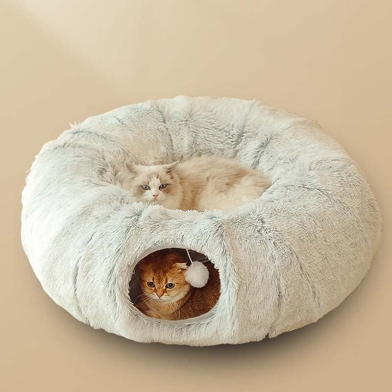 Lit pour chat en peluche chaud avec tunnel pour chats d'intérieur, pliable, en forme de donut, grotte de jeu et de couchage, nid antidérapant pour chaton, fournitures pour animaux de compagnie